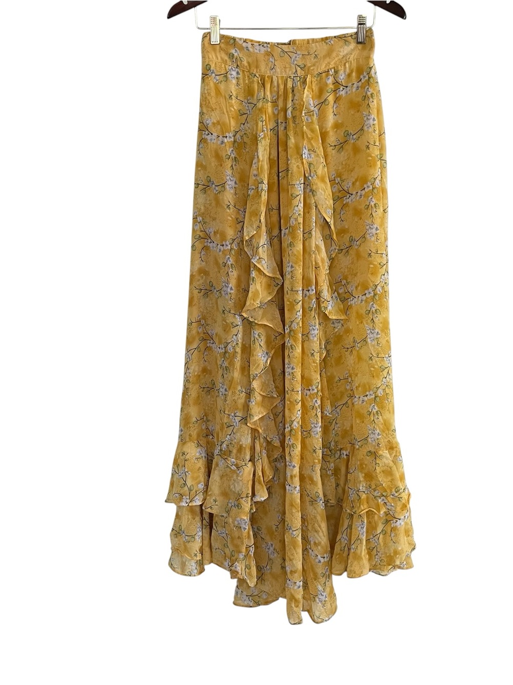 Rosevelvet Women Yellow Floral Ruffle Maxi Skirt boho Romantic Lined Sz S